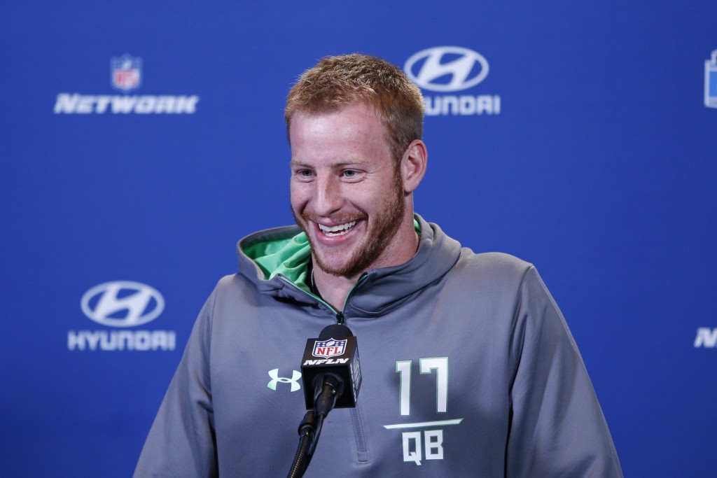 INDIANAPOLIS, IN - FEBRUARY 25: Quarterback Carson Wentz #17 of North Dakota State speaks to the media during the 2016 NFL Scouting Combine at Lucas Oil Stadium on February 25, 2016 in Indianapolis, Indiana. (Photo by Joe Robbins/Getty Images)